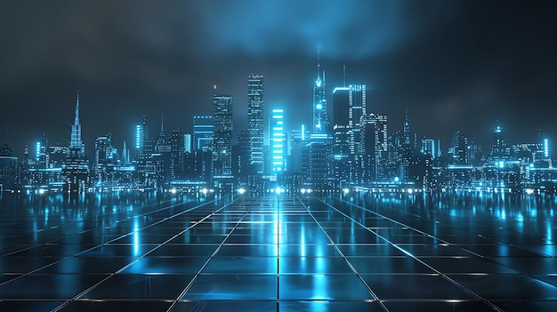 A futuristic city skyline at night with blue neon lights reflecting on the tiled ground