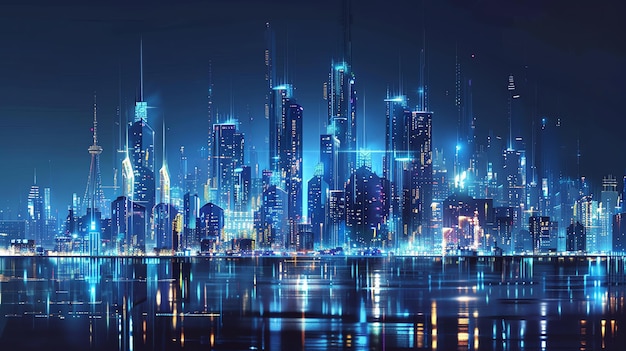 A futuristic city skyline at night with glowing lights reflecting in the water