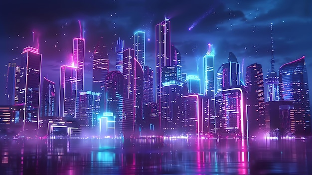 A futuristic city skyline at night with neon lights reflecting in the water