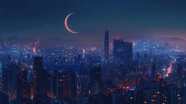 Futuristic City Skyline at Night with Reflective Water and Crescent ramadan Moon