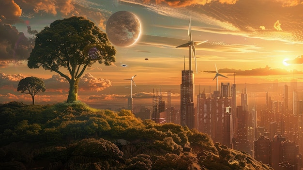 Photo futuristic city skyline at sunset with flying vehicles towering skyscrapers lush greenery and a vibrant sky concept of utopia future city sustainability and technological advancement