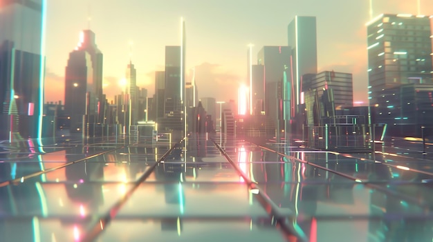 A futuristic city skyline at sunset with neon lights reflecting on a tiled surface