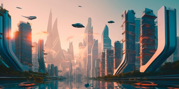 Futuristic city skyline with flying cars and tall buildings in a vibrant and diverse community Generative AI