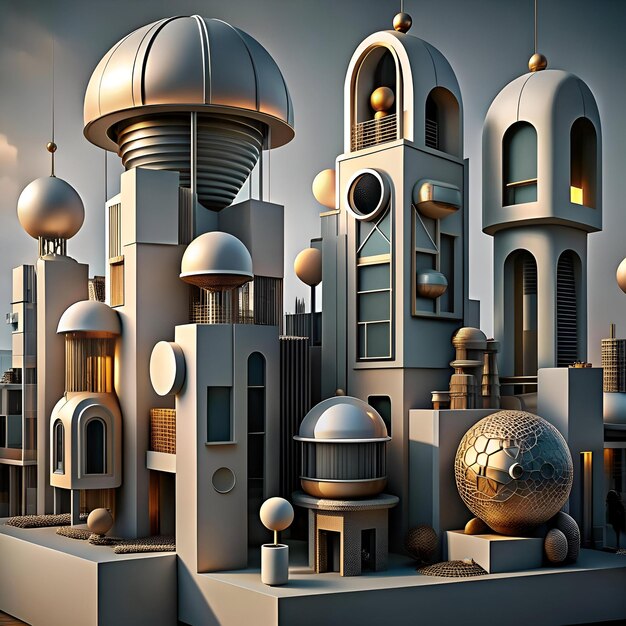 Photo futuristic city skyline with geometric buildings metallic accents and a mesmerizing abstract sphere