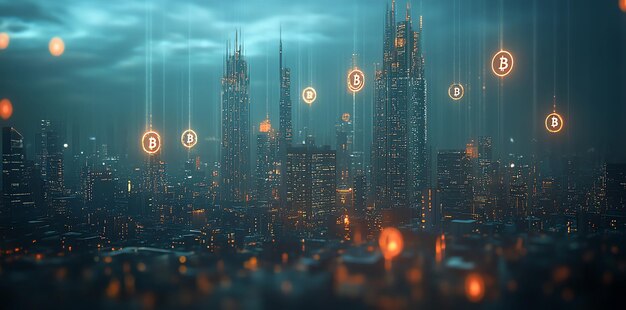 Photo futuristic city skyline with glowing bitcoin symbols and digital data streams