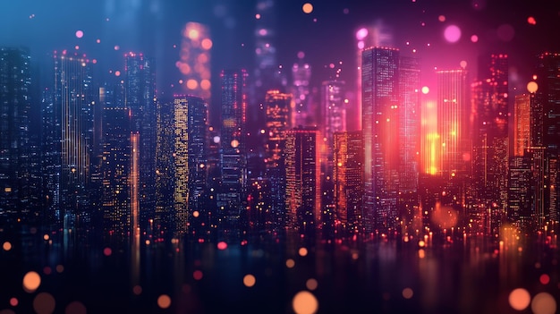 Futuristic city skyline with glowing lights and bokeh effect