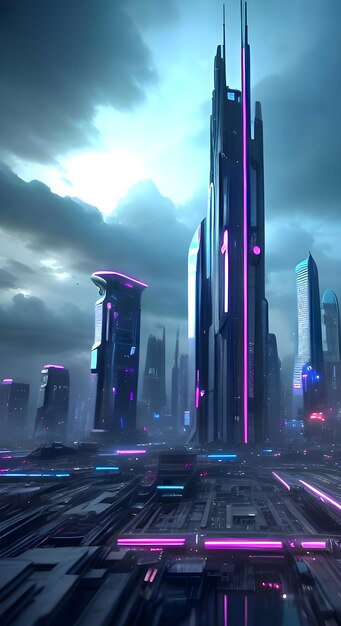 Photo a futuristic city skyline with neon lights background