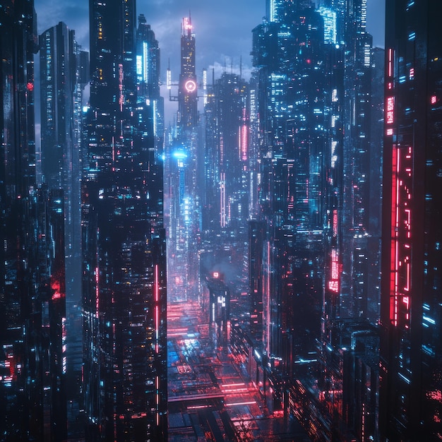 Futuristic city skyline with neon lights at night