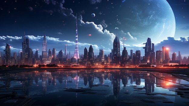 futuristic city skyline with night view skyscrapers and glowing lights