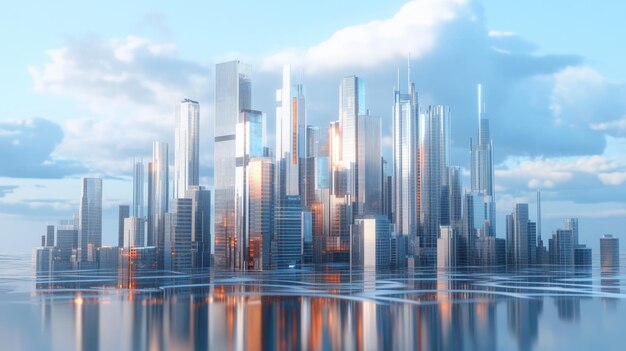 A futuristic city skyline with reflective buildings under a cloudy sky