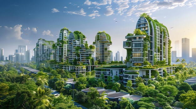 Futuristic city skyline with skyscrapers covered in lush greenery