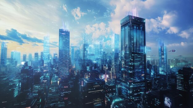 Futuristic city skyline with skyscrapers and digital overlays during twilight