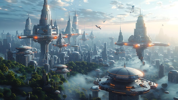 Futuristic city skyline with sleek buildings and flying vehicles under a clear blue sky advanced technology