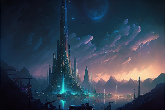 Futuristic city skyline with slums and towering structures Fantasy concept Illustration painting Generative AI