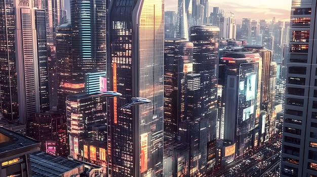 A futuristic city skyline with towering skyscrapers and flying drones