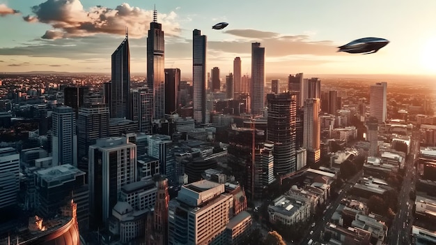 A futuristic city skyline with towering skyscrapers and flying drones