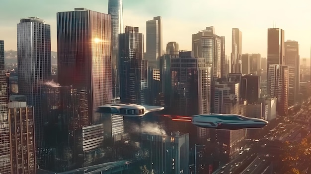 A futuristic city skyline with towering skyscrapers and flying drones