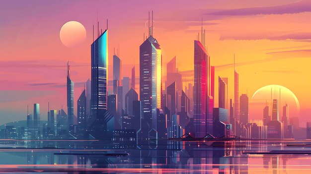 Futuristic city skyline with two suns setting over a body of water