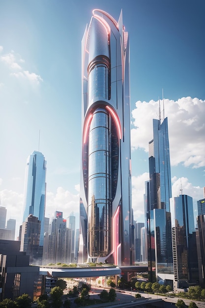 A futuristic city skyscraper of busting skyline tallest building and blue sky in the background