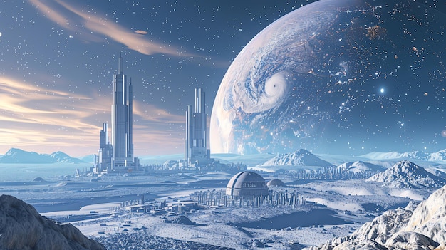 Futuristic city on a snowy planet with a large gas giant in the background