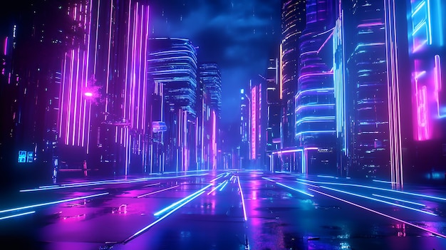 Photo futuristic city street illuminated by neon lights