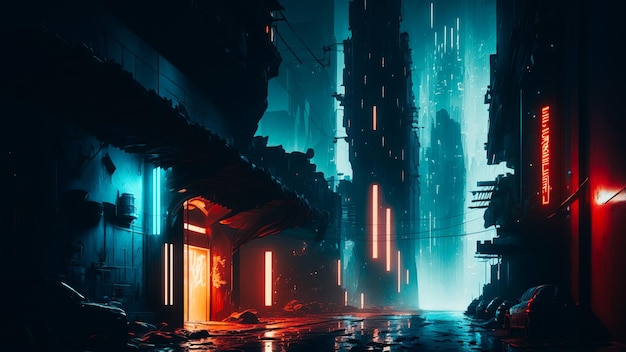 Futuristic city street Neon lights on a wall of futuristic buildings Gloomy cyberpunk landscape