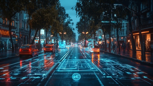 Photo futuristic city street with holographic interface and neon lights