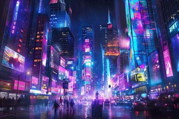 Futuristic City Street with Neon Sign Vibrant and HighTech Urban Scene