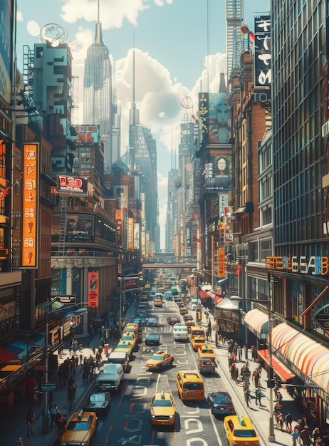 Futuristic City Street with Yellow Taxis and Skyscrapers