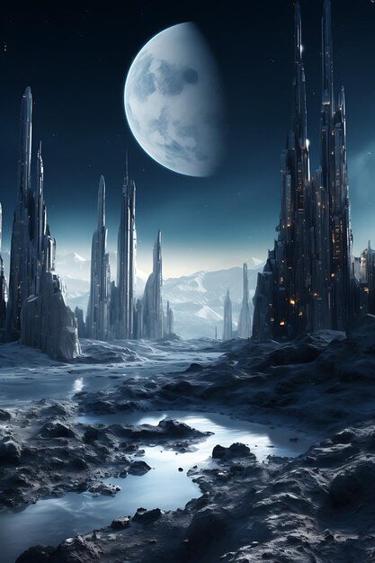 A futuristic city on the surface of a moon realistic photo