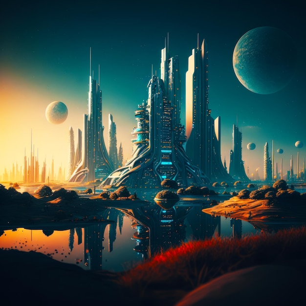 Futuristic city surrounded by planets and body of water in the foreground Generative AI