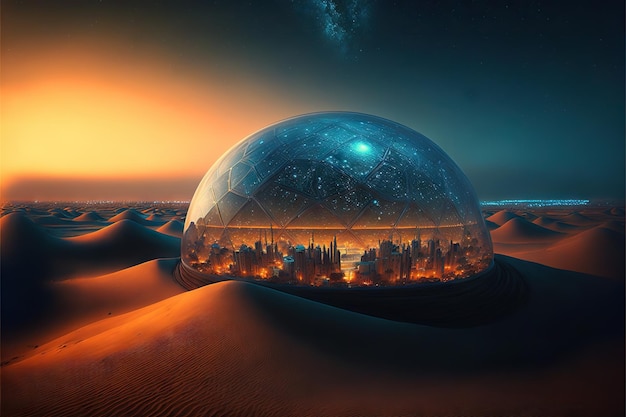 Futuristic city under transparent dome in desert at night created with generative ai