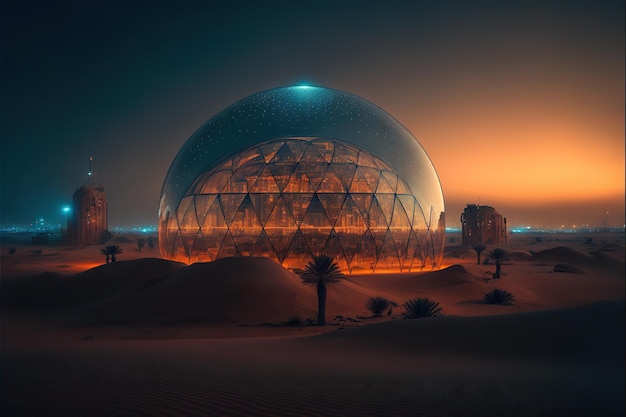 Futuristic city under transparent dome in desert at night created with generative ai