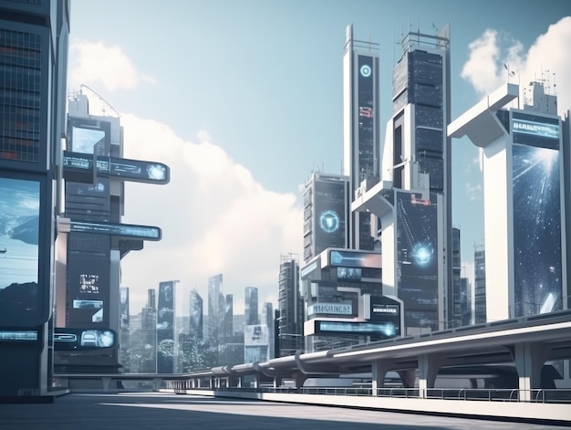 Futuristic city with billboards generative ai