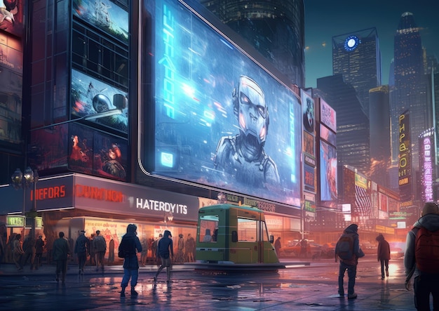 Futuristic city with billboards