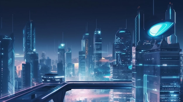 A futuristic city with a blue background and a cityscape in the background.