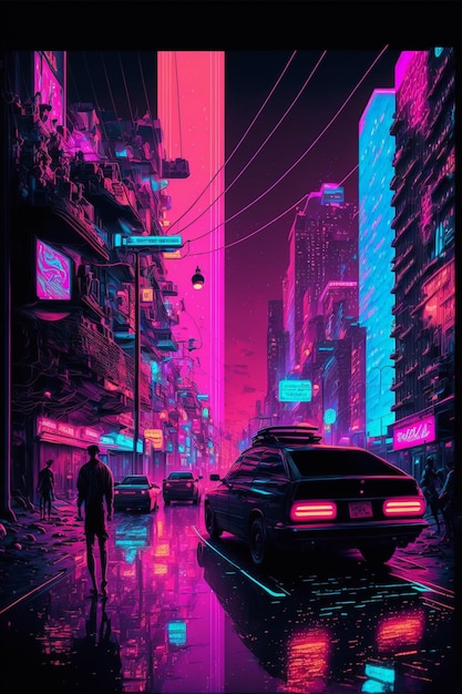 A futuristic city with a car on the road and a man walking by the side.