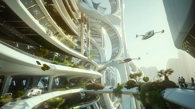 Photo futuristic city with flying cars and green spaces