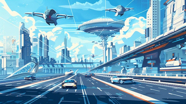 A futuristic city with flying cars and a large spaceship