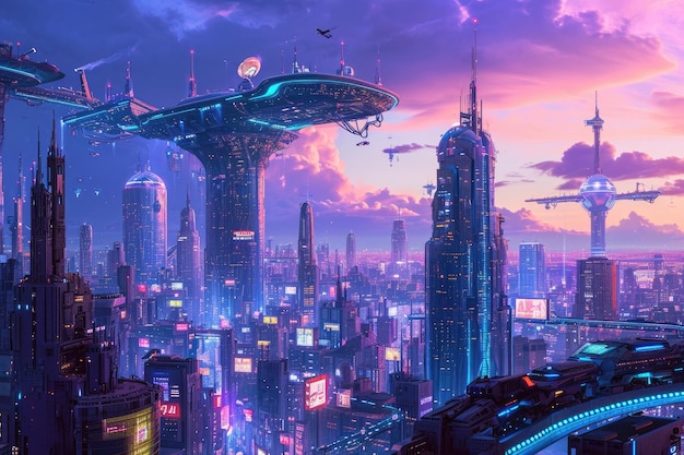 a futuristic city with a futuristic flying saucer Robotic cityscape of tomorrow