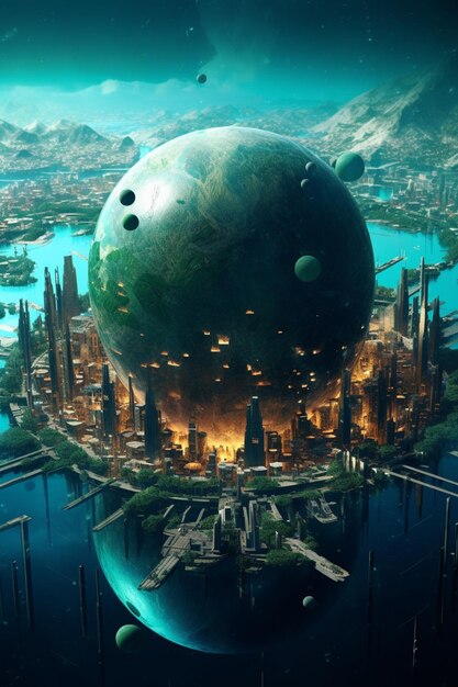 Futuristic city with a giant green sphere floating in the middle of a lake generative ai