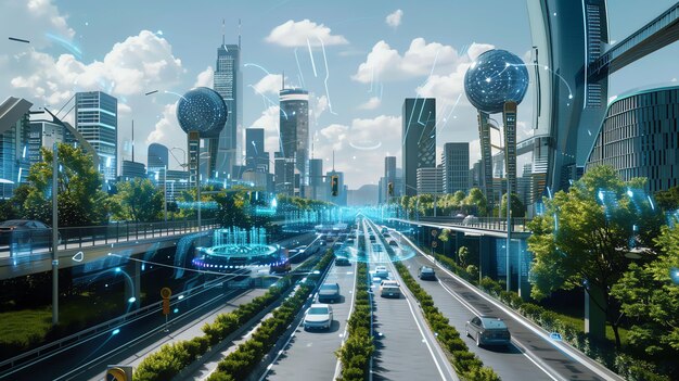 A futuristic city with glowing blue digital data streams and connected cars on the highway