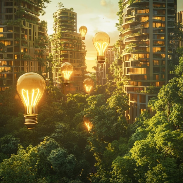 A futuristic city with glowing light bulbs and trees