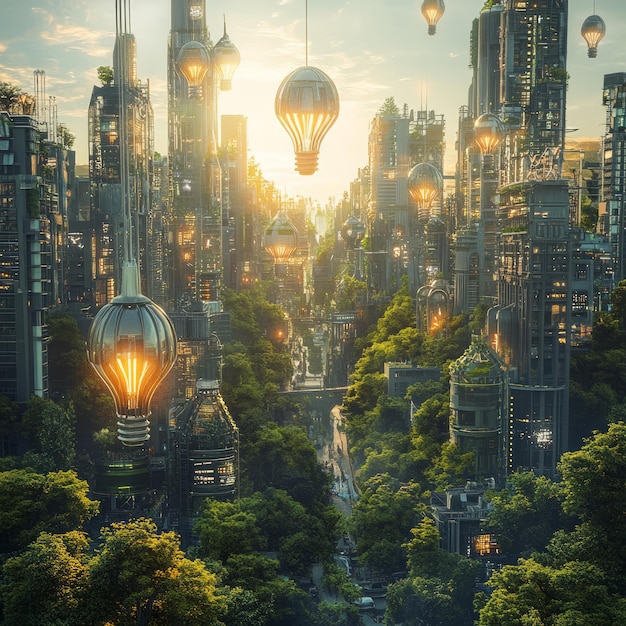 Futuristic city with glowing lightbulb balloons in a green urban jungle