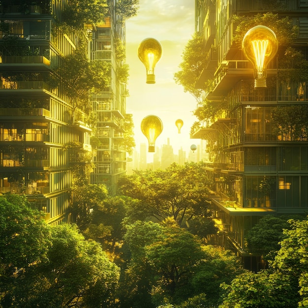 Photo a futuristic city with glowing lightbulbs floating in the sky between tall buildings covered in green plants