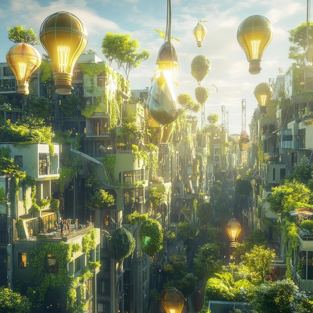 A futuristic city with glowing lightbulbs floating in the sky