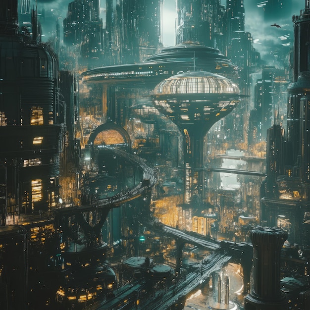 Futuristic city with glowing lights and elevated walkways