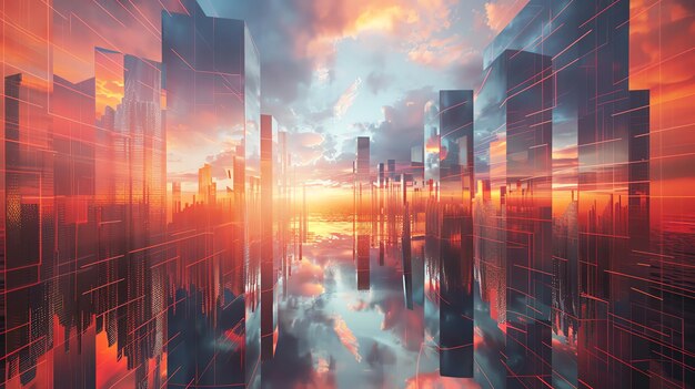 A futuristic city with a glowing red sunset and a reflection in the water