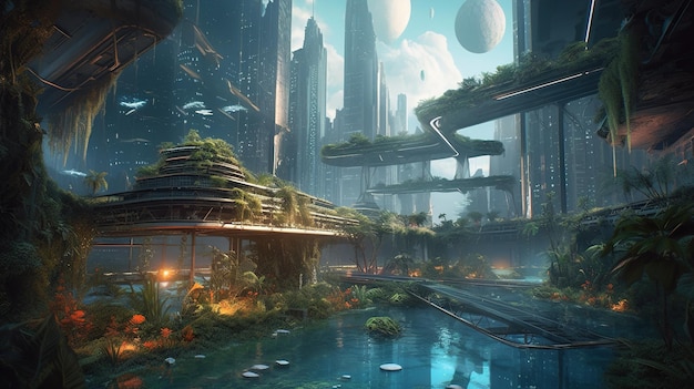 A futuristic city with grass