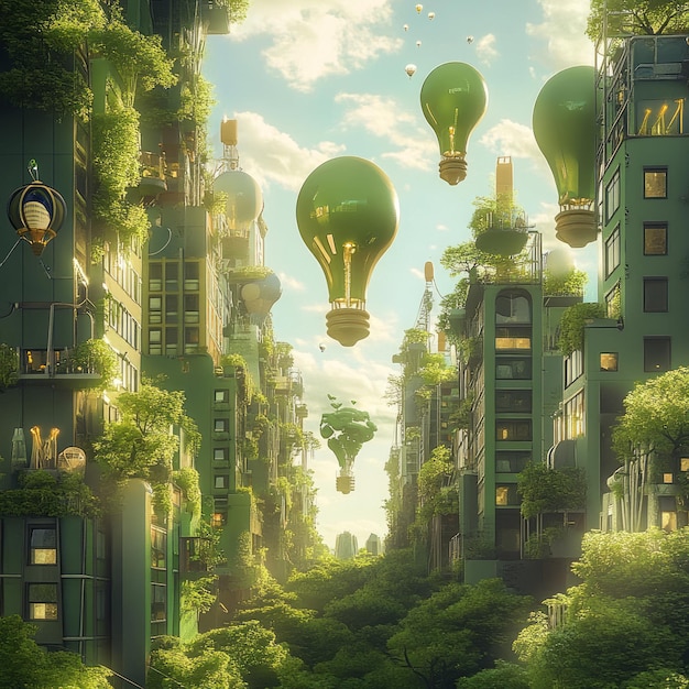 A futuristic city with green buildings and light bulb hot air balloons flying in the sky